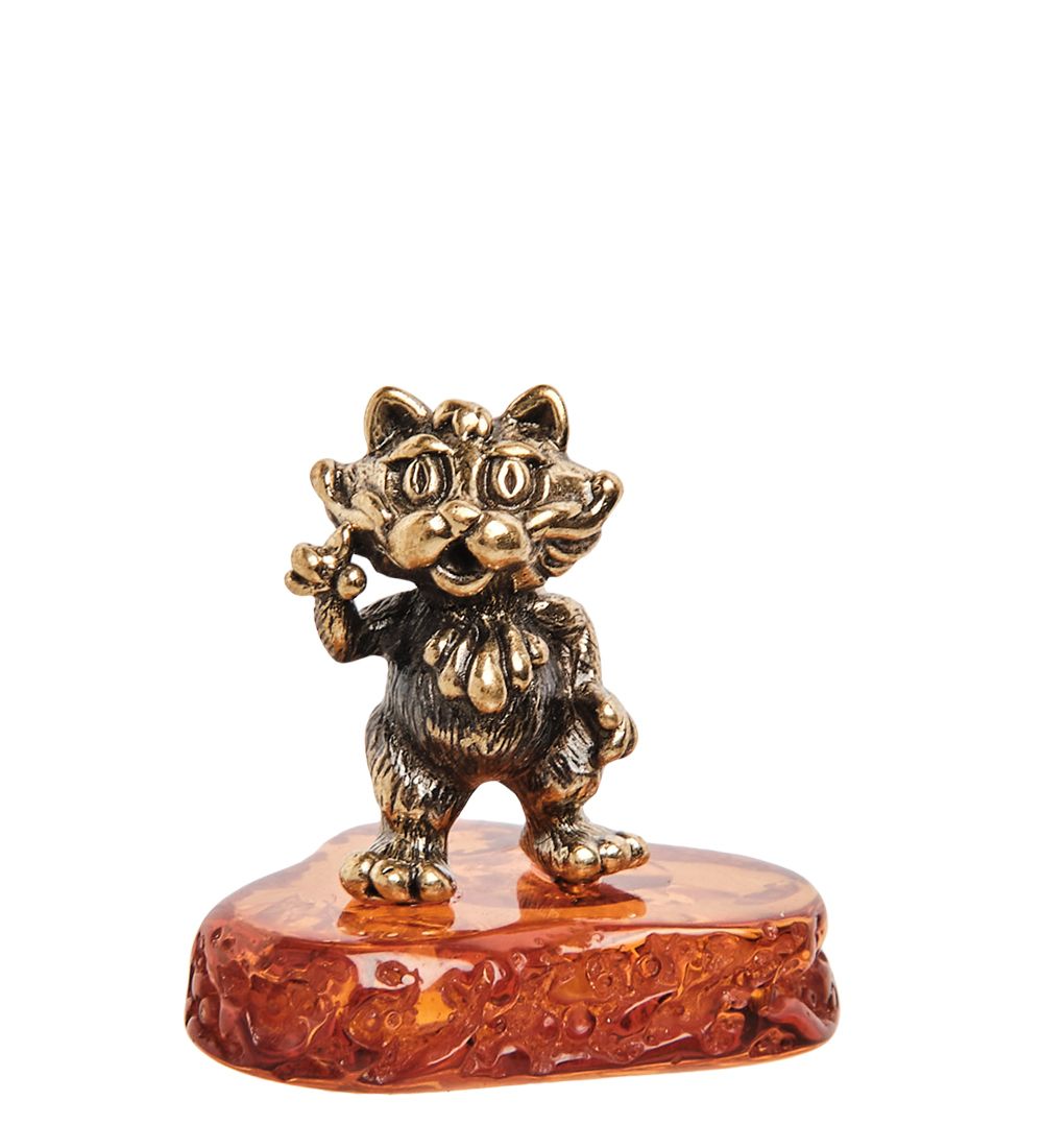 Народные промыслы AM-1753 Фигурка «Кот удивленный» (латунь, янтарь)