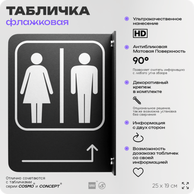 Табличка "Туалет направо и налево" флажковая на стену, двусторонняя с крепежом, 19 х 25 см, для офиса, кафе, ресторана, серия COSMO, Айдентика Технолоджи