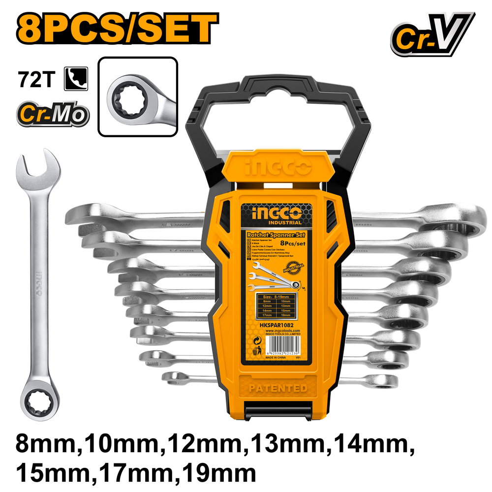 Набор комбинированных гаечных ключей с трещоткой INGCO HKSPAR1082 INDUSTRIAL 8-19 мм 8 шт.