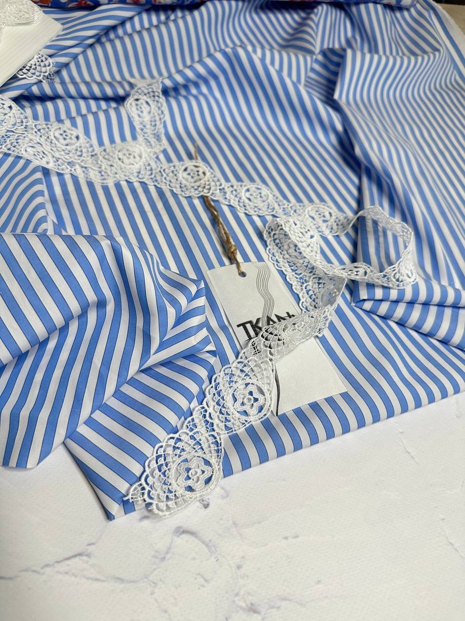 Плательно-блузочный однотонный поплин (Ralph Lauren, 100%хлопок, Бело-голубая вертикальная полоска, 148, 100 гр/м2)