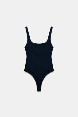 ZARA ЭЛАСТИЧНОЕ БОДИ С КВАДРАТНЫМ ВЫРЕЗОМ, СИНИЙ