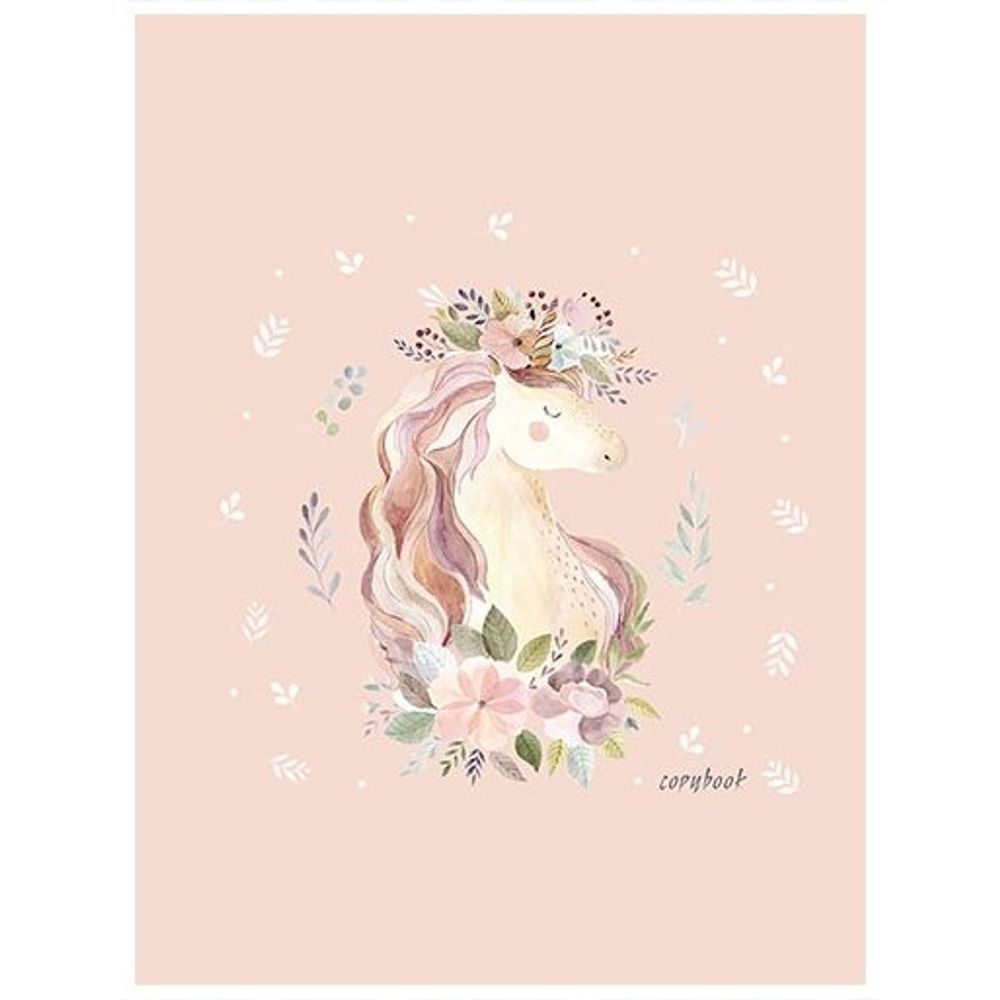 Тетрадь 48л., А5, клетка, Апплика "Единорог в цветах", гребень, мелованный картон, вб. УФ-лак, глиттер