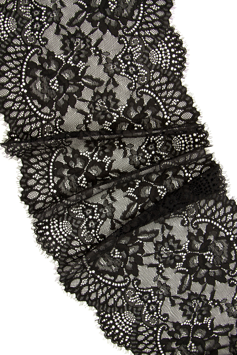 Кружево шантильи чёрное эластичное ширина 22 см ОТРЕЗ 1 м