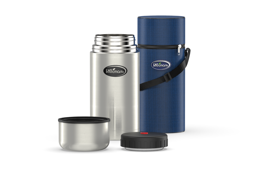 Термос для еды Biostal (1 литр) в чехле, стальной