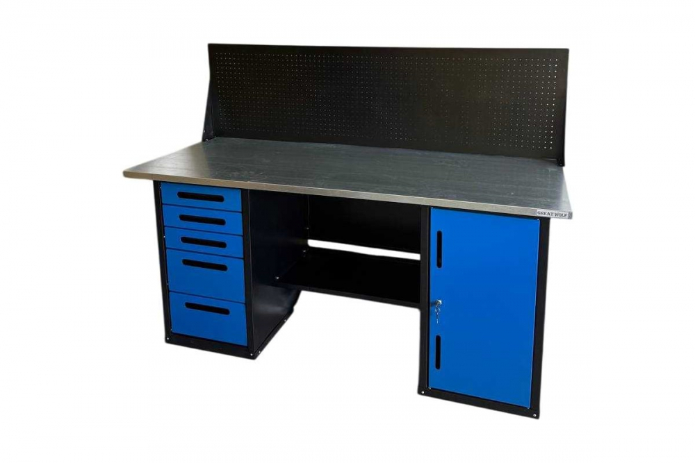 Верстак GWT-V1800BL4 Great Wolf - двухтумбовый, 5 ящиков, тумба с дверью, экран, синий 1800x700мм