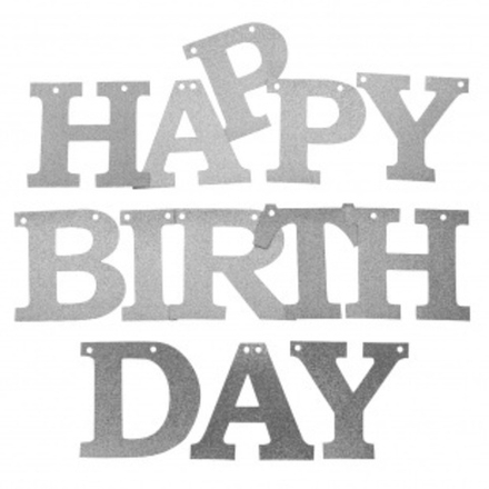 Гирлянда Happy Birthday, Серебро, с блестками, 15*180 см, 1 упак.
