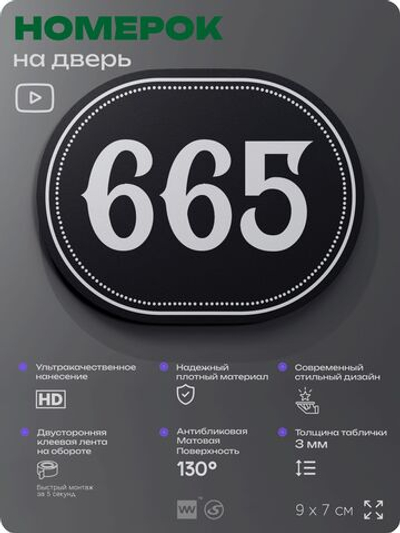 Номерок на дверь квартиры 665, для кабинета, офиса, шильдик 9 х 7 см, черный, Айдентика Технолоджи