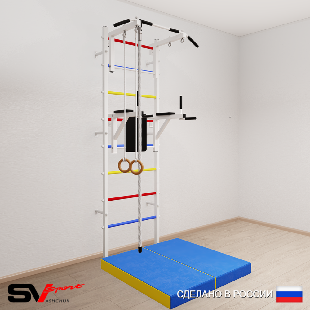 Шведская стенка Sv Sport усиленная 6744 (Турник стандарт/Брусья/Канат/Кольца/Мат 1м)