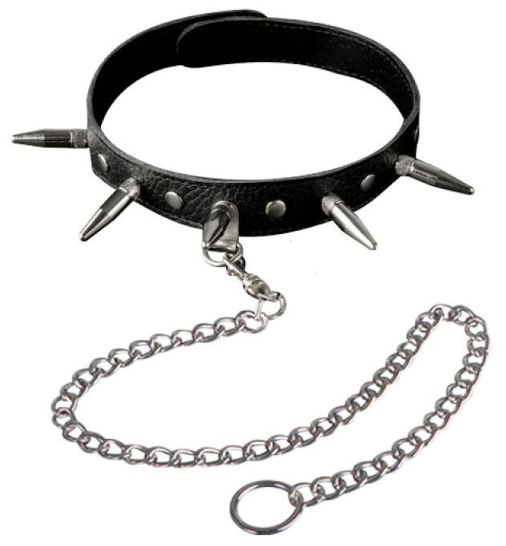 Чёрный кожаный ошейник с шипами и цепочкой (Цвет: черный)