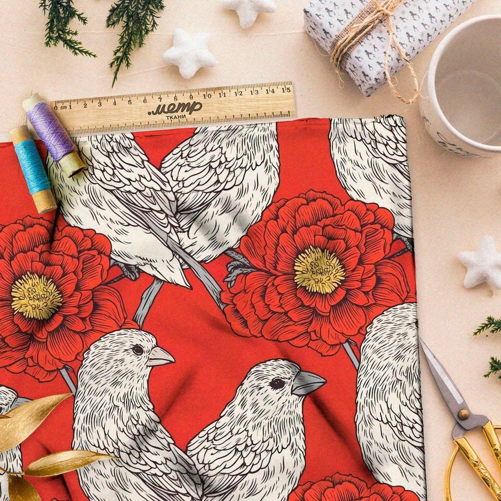 Ткань премиум дюспо белые птицы на красном