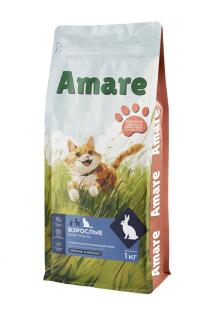 Amare Сухой полнорационный корм для взрослых кошек кролик и яблоко 1 кг
