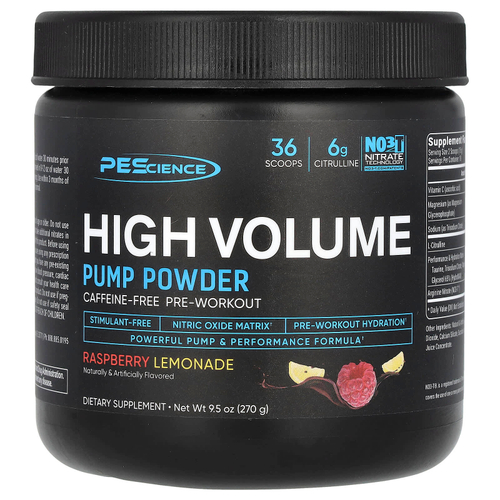 PEScience, High Volume, Pump Powder, High Volume, Pump Powder, без кофеина, малиновый лимонад, 270 г (9,5 унции)