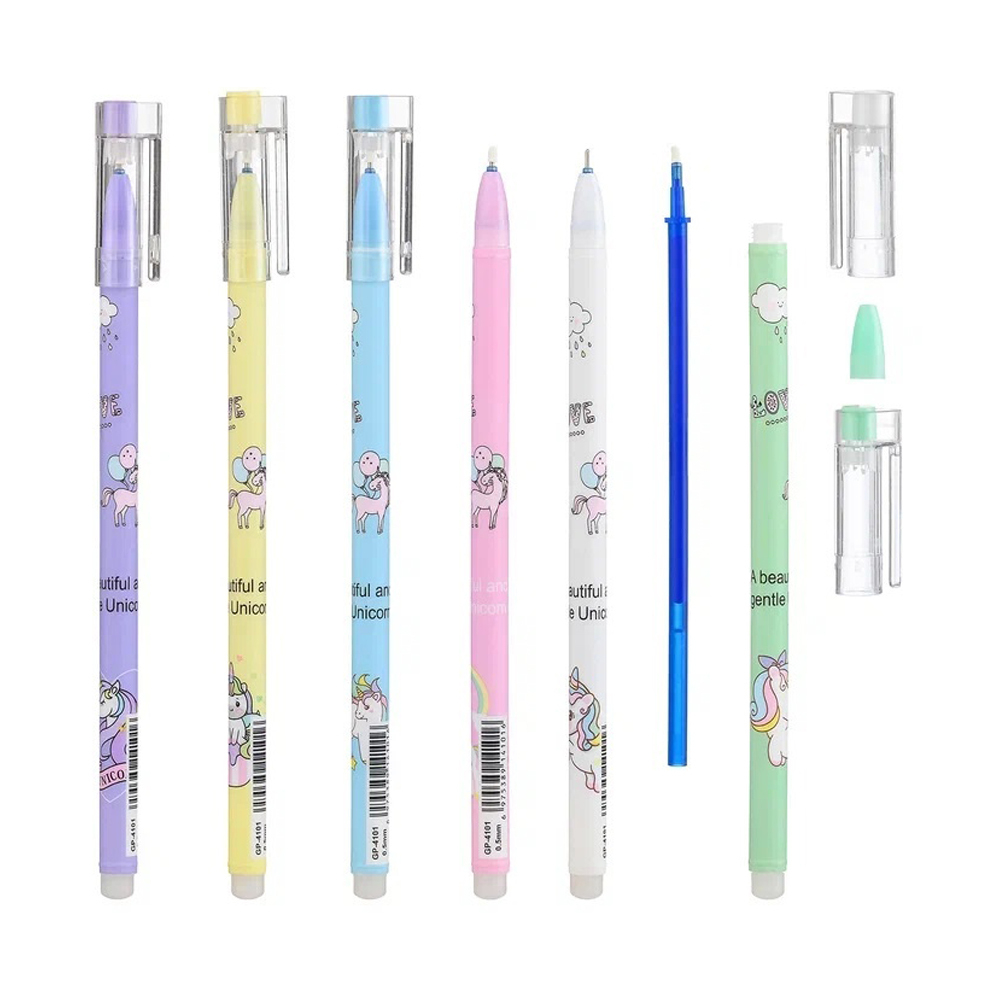 Ручка гелевая, пиши-стирай, Basir, синие чернила, серия "ЕДИНОРОЖКИ", корпус с рисунком, 12 шт