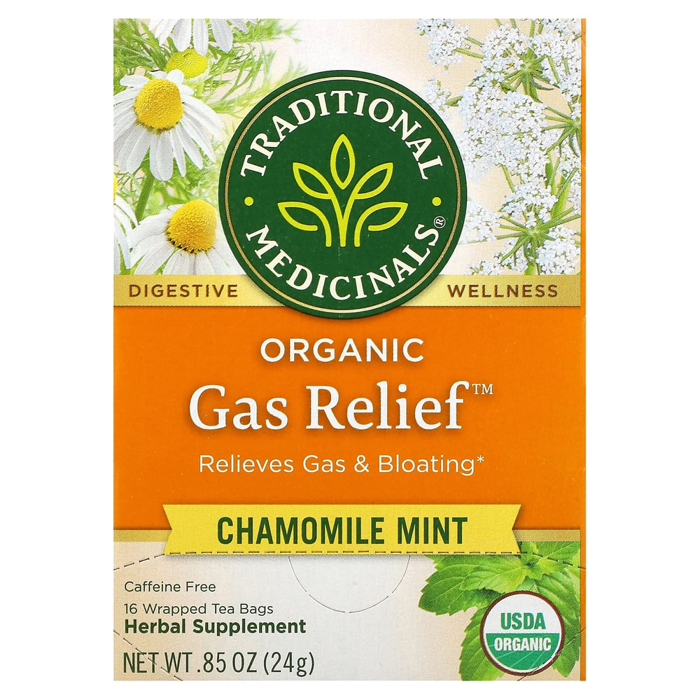 Traditional Medicinals, Organic Gas Relief, ромашка и мята, без кофеина, 16 упакованных чайных пакетиков, 24 г (0,85 унции)