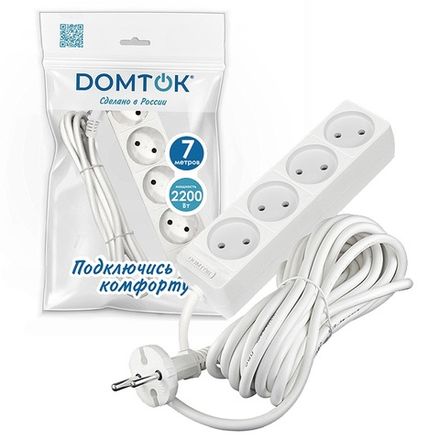 Удлинитель бытовой "DOMTOK" 4гн., ПВС 2*1, 2,2кВт, б/з 7м (1/25)
