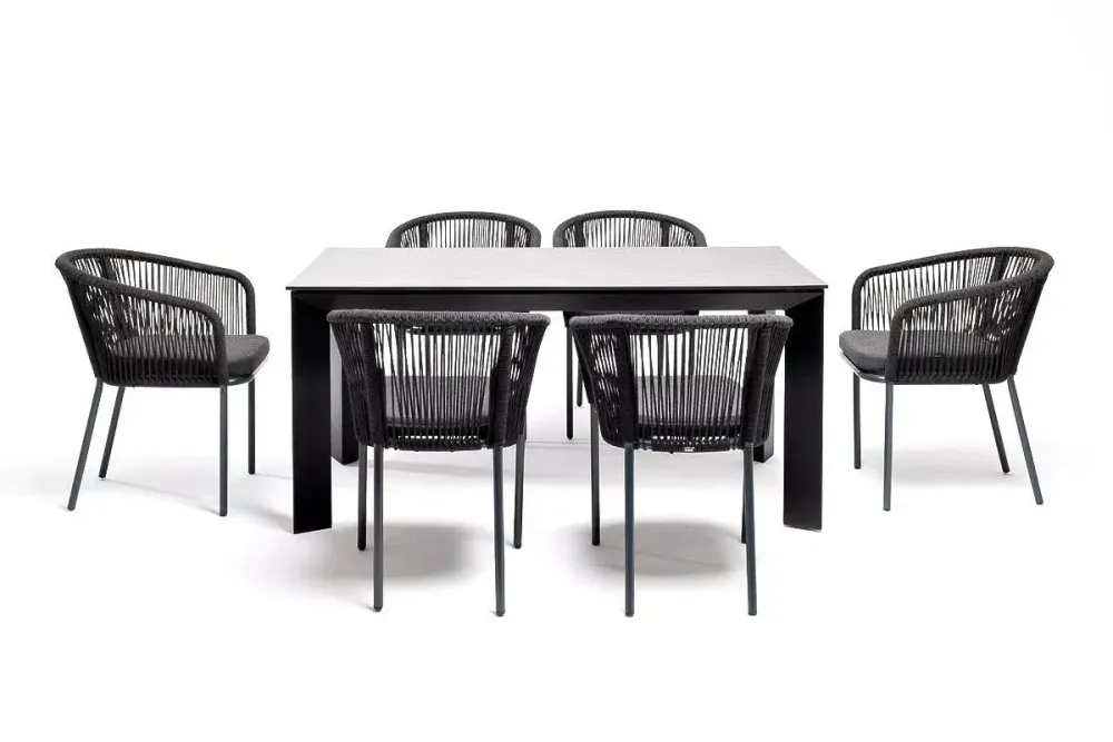 "Венето" обеденная группа на 6 персон со стульями "Марсель", каркас темно-серый, роуп темно-серый