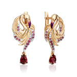 Серьги «Розовый фламинго» с английским замком из красного золота с гранатми и эмалью
