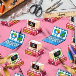 Ткань футер 2-х нитка компьютеры и ноутбуки на розовом фоне