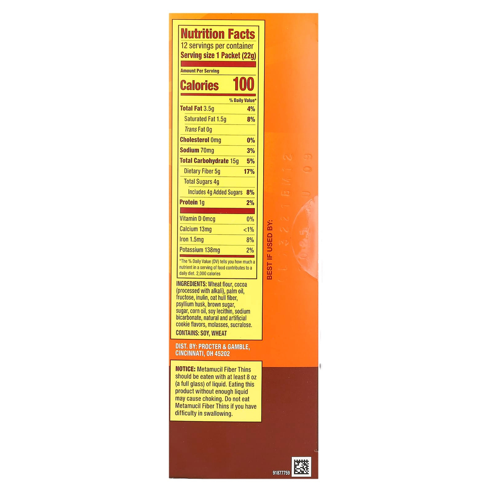 Metamucil, Fiber Thins, шоколад, 12 пакетиков, 22 г (0,77 унции) каждый