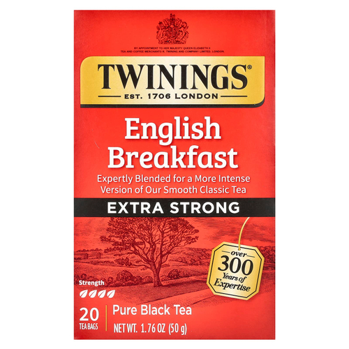 Twinings, чистый черный чай, английский завтрак, экстракрепкий, 20 чайных пакетиков, 50 г (1,76 унции)