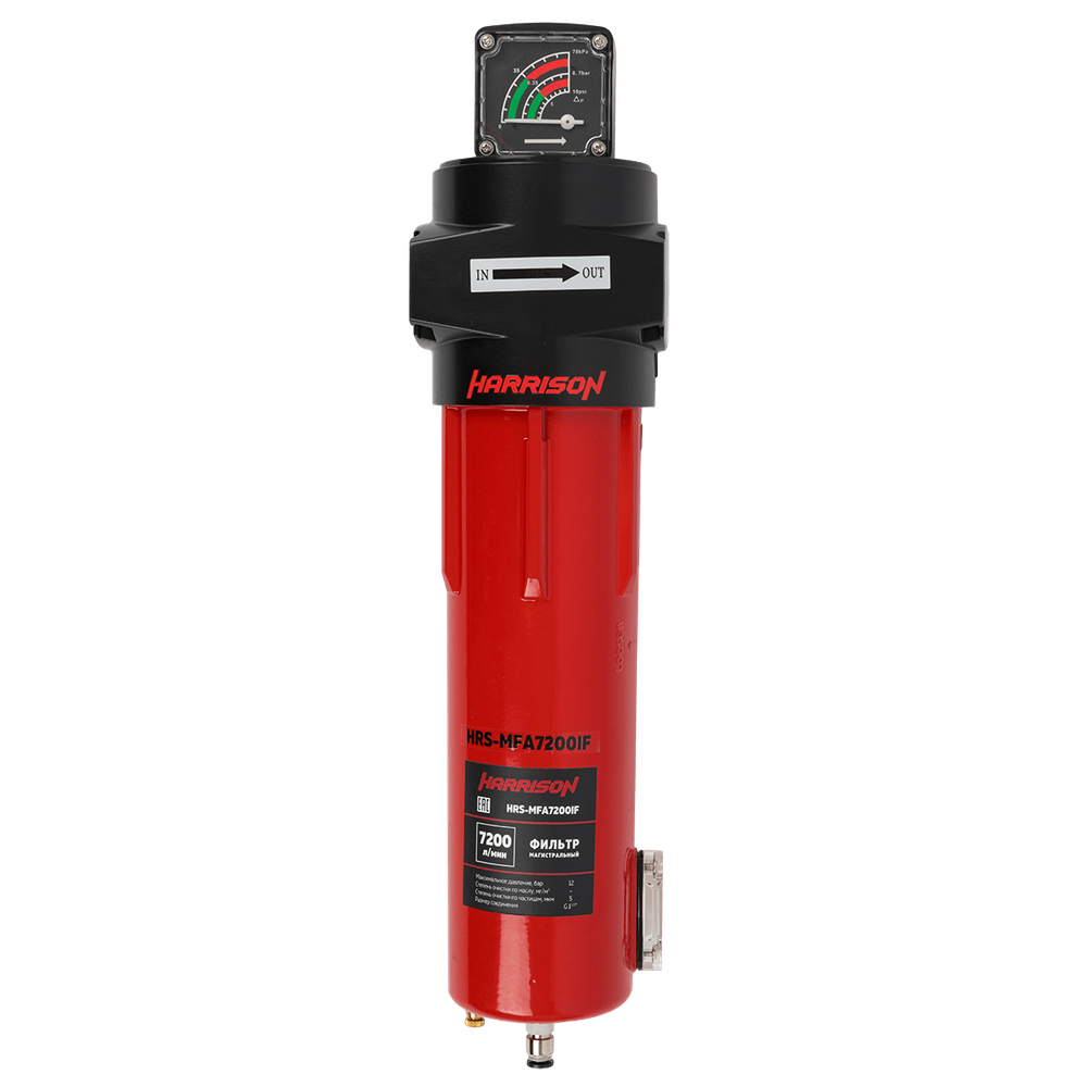 HRS-MFA7200IF Фильтр магистральный 5 мкм с дифференциальным манометром, 7200 л/мин, 12 бар, G 1 1/2"