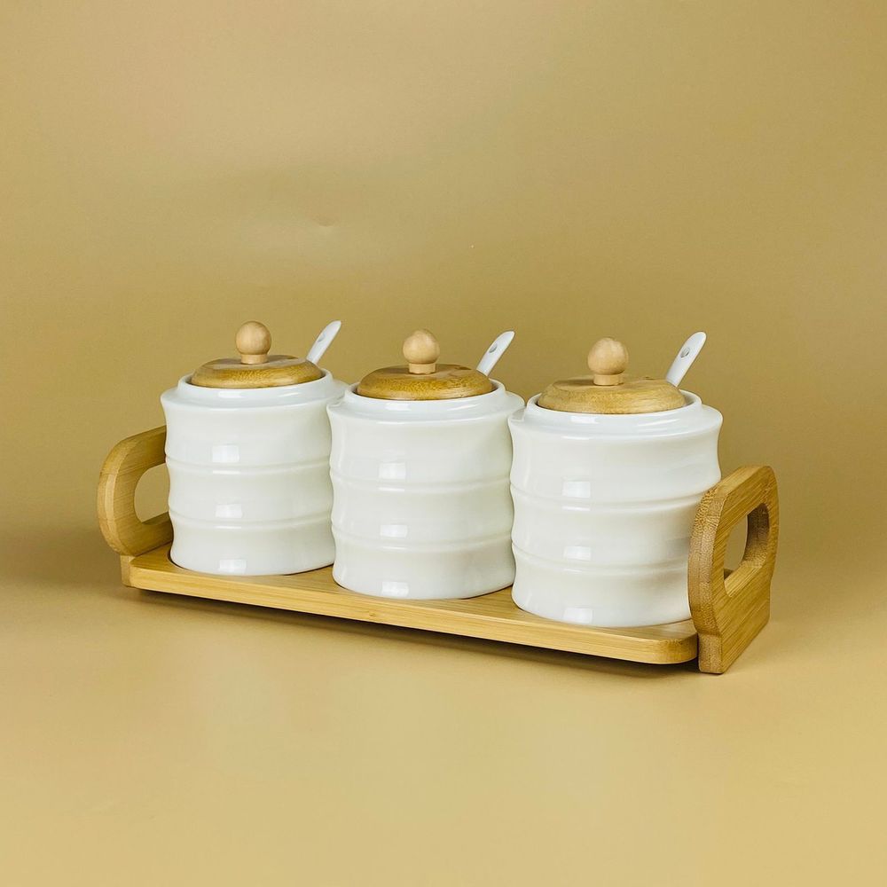 Lenardi 140-155 Набор из 3 банок 320мл для специй с ложками на подставке BAMBOO в под.уп.(х16)Фарфор