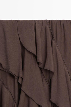 Massimo Dutti Струящаяся юбка миди с оборками, шоколадный