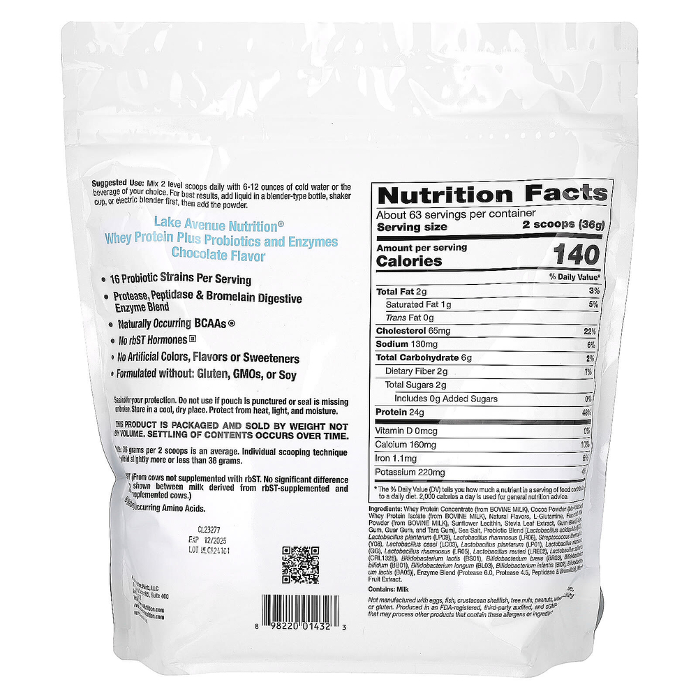 Lake Avenue Nutrition, сывороточный протеин с пробиотиками, шоколадный вкус, 2,27 кг (5 фунтов)