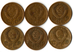 Набор 6 монет 3 копейки ранний СССР 1946,52, 54, 55, 56, 57 гг.