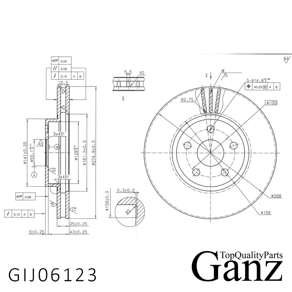 Диск тормозной передний с покрытием TOYOTA Matrix GANZ GIJ06123