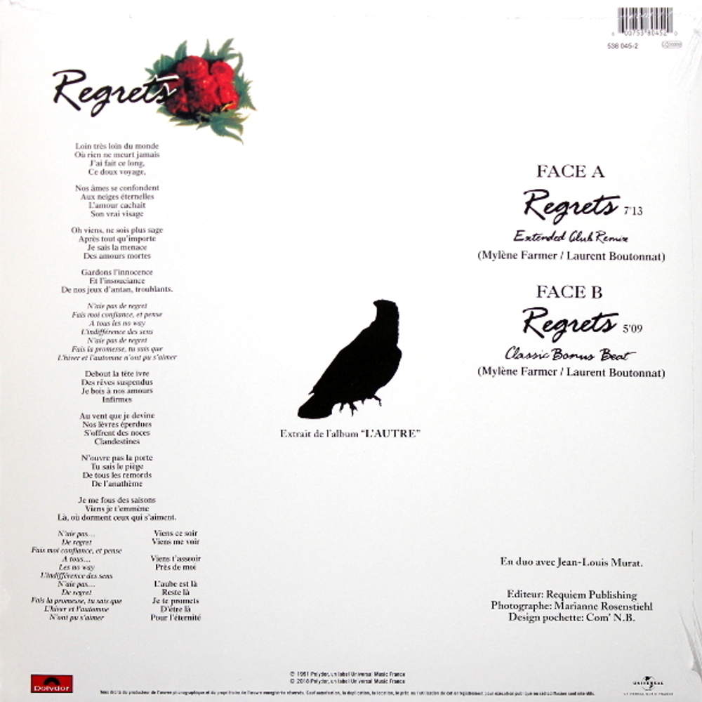 Mylene Farmer, Jean-Louis Murat / Regrets (12" Vinyl Single)