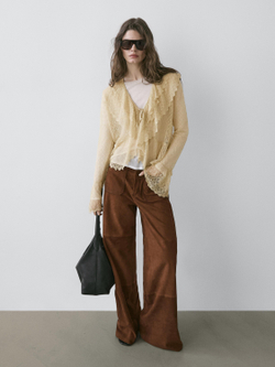 Massimo Dutti Замшевые кожаные брюки с широкими штанинами и карманами, коричневый