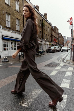 ZARA ШИРОКИЕ БРЮКИ С ЭЛАСТИЧНЫМ ПОЯСОМ, ТЕМНО-КОРИЧНЕВЫЙ