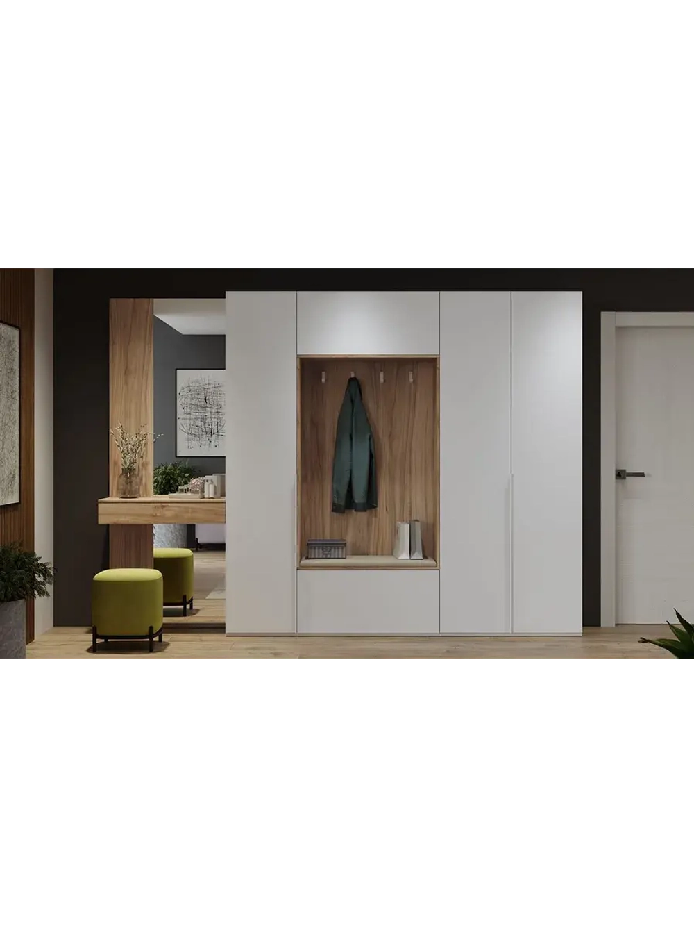 Прихожая с зеркалом Белый Жемчуг софт 305х36х217