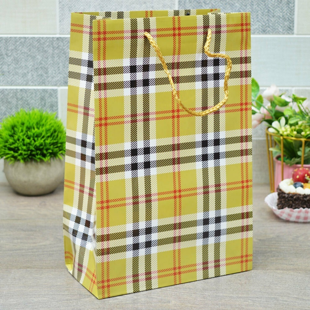 Пакет бумажный 20*30*10см с ручками "Клетки и полоски" микс