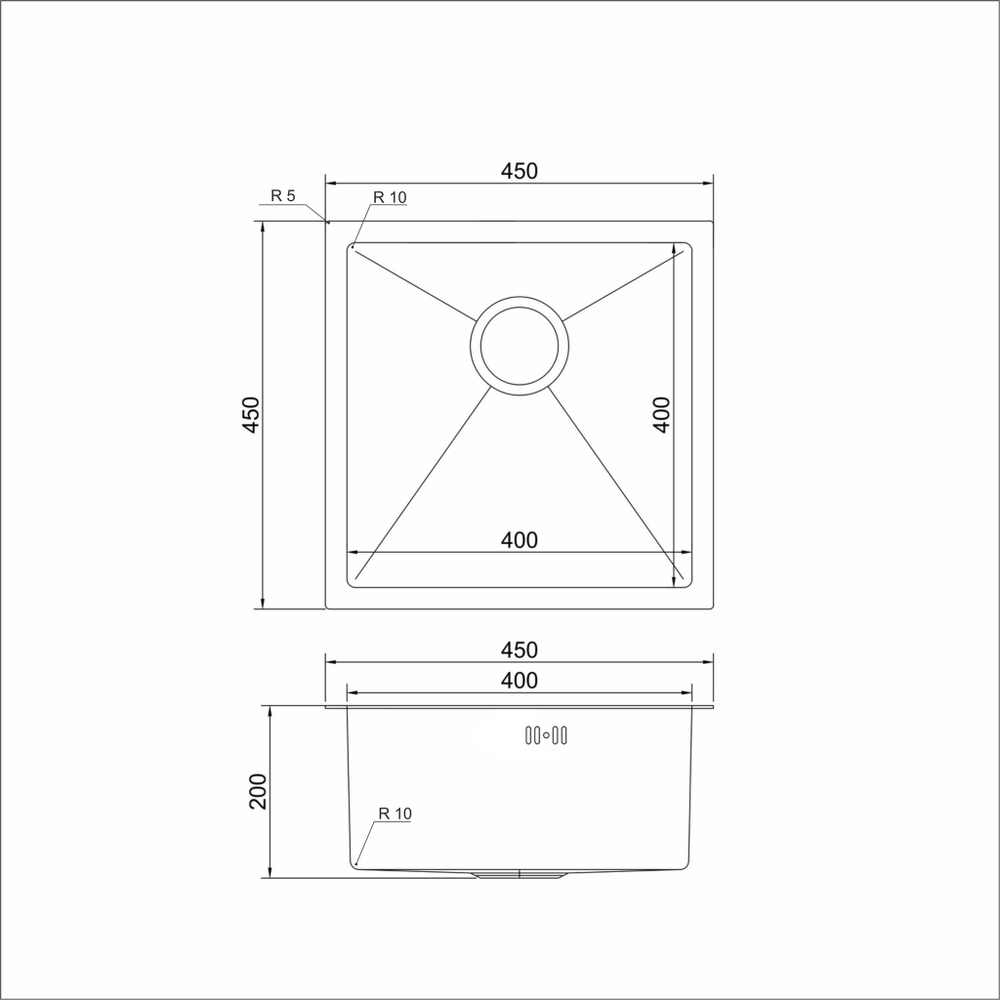 Мойка подст.монтаж 45х45 (3,0) вып 3 1/2  MIXLINE PRO 20см с сифоном (черный графит)
