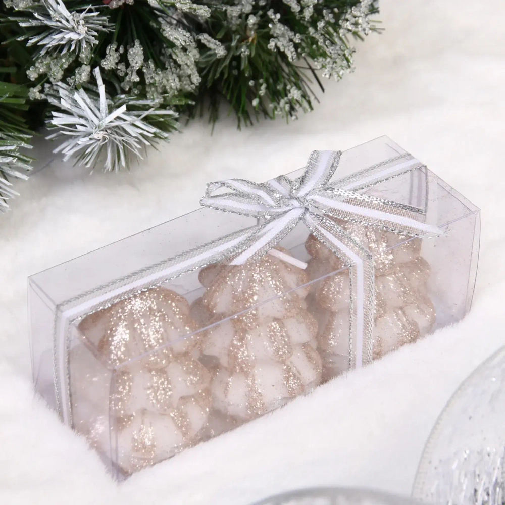 Свечи новогодние «Ёлочка» 13*4,5*4,5 см (набор 3 шт), Шампань