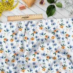 Ткань сатин оранжевые цветочки с голубыми листочками