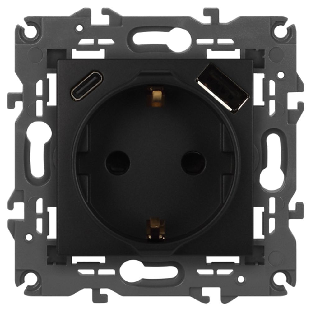 Розетка ЭРА Elegance 14-4108-05 2P+E 16A-250В со шторками с USB type-A+C 5В-3А антрацит