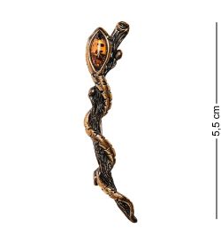 AM-2583 Брошь «Змейка на веточке» (латунь, янтарь)