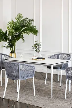 "Малага" обеденная группа на 4 персоны со стульями "Марсель", каркас белый, роуп светло-серый