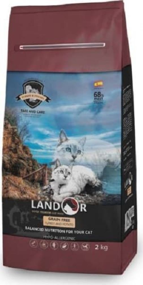 LANDOR 10кг беззерновой корм для кошек  ИНДЕЙКА с БАТАТОМ