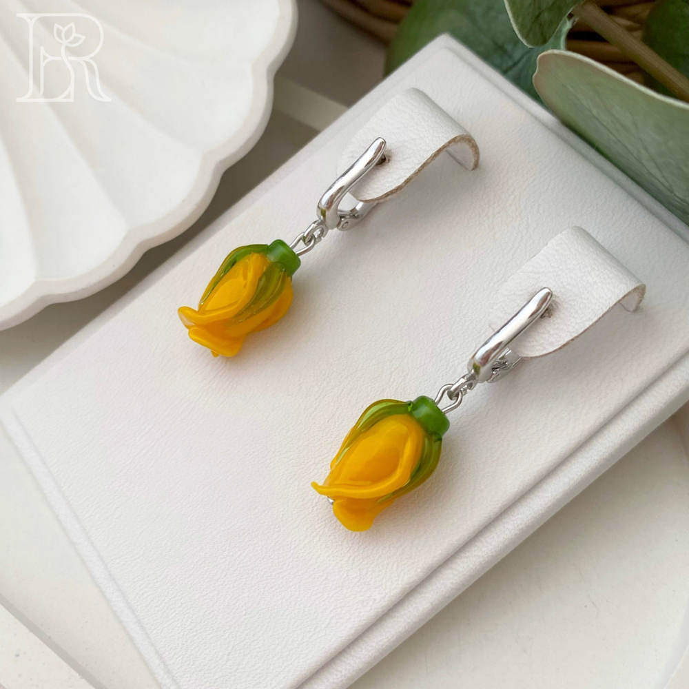 LEFIREL' Серьги серебряные женские "Сонна" с цветами из муранского стекла / ювелирные украшения из родированного серебра 925