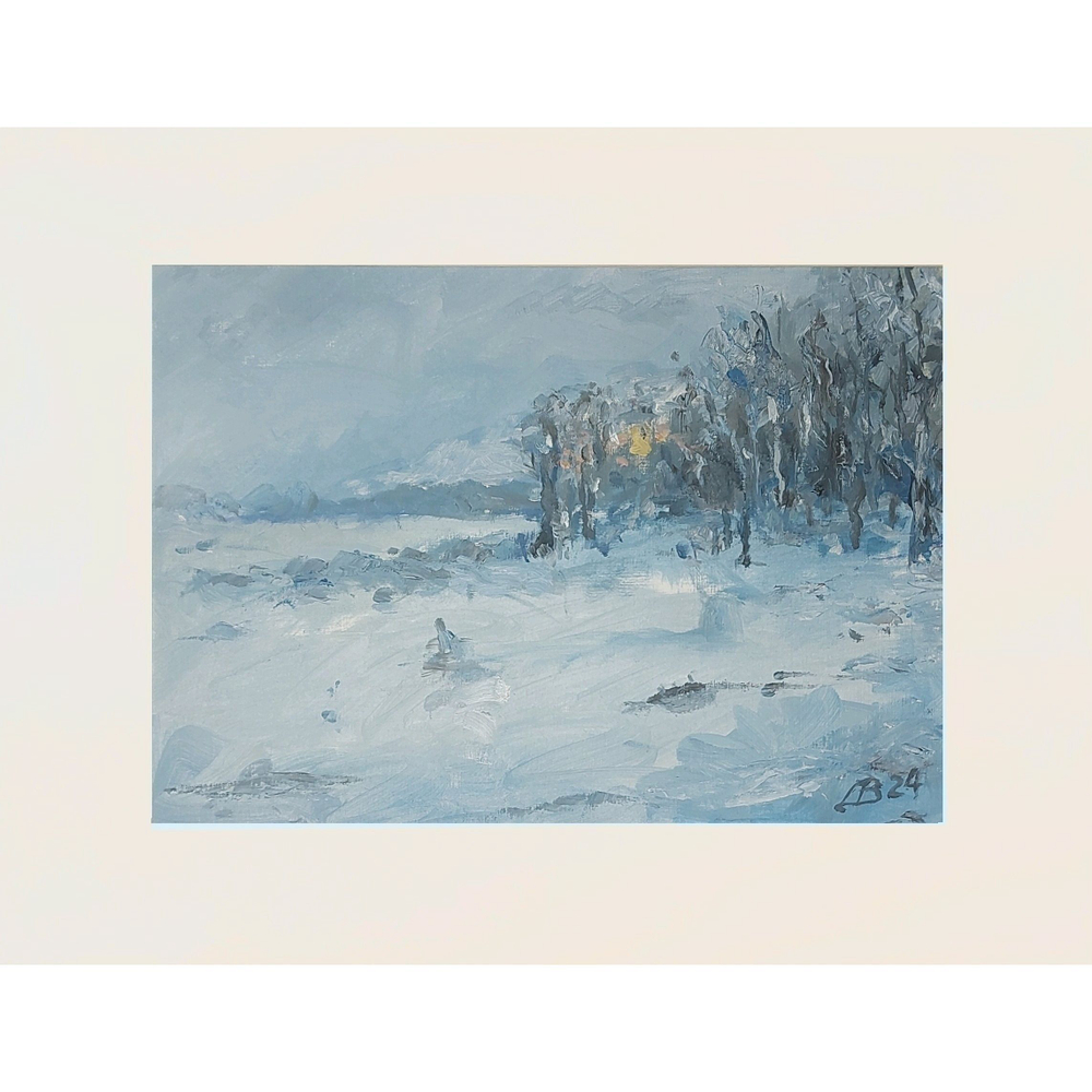 Картина авторская маслом на бумаге в паспарту 30х40 см на стену для интерьера "Морозный рассвет"