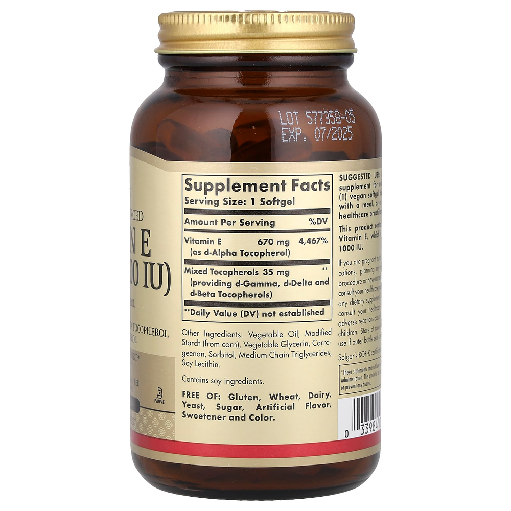 Solgar, Натуральный витамин E, 670 мг (1000 МЕ), 100 веганских мягких таблеток
