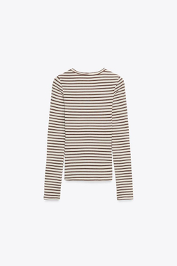 ZARA ФУТБОЛКА В ПОЛОСКУ С ДЛИННЫМИ РУКАВАМИ, ЭКРЮ/КОРИЧНЕВЫЙ