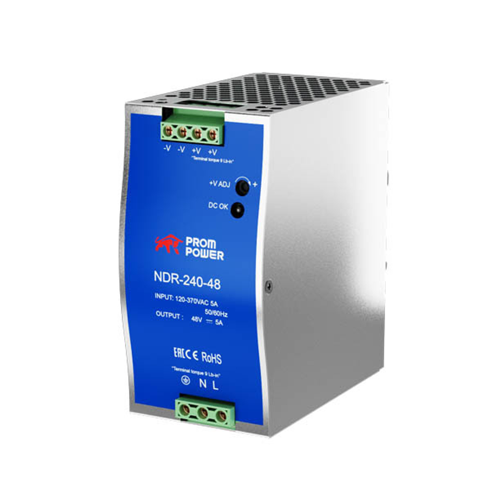 Источник питания NDR-240-48, на выходе 48 В DC, 5 А, 240 Вт. Входное 85-264 В AC (120-370 В DC)