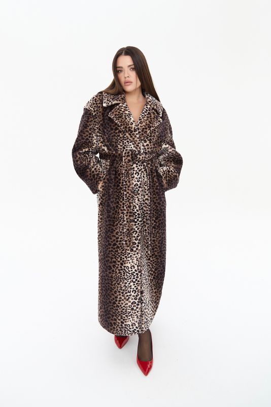 Шуба из овчины на трикотажной основе длинная, леопард