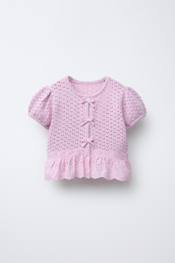 ZARA ВЯЗАНЫЙ КАРДИГАН С БАНТАМИ И КРУЖЕВОМ, РОЗОВЫЙ/ЛИЛОВЫЙ