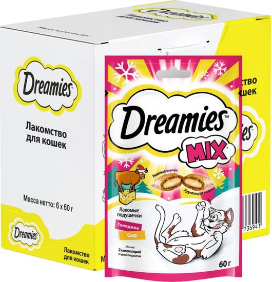 DREAMIES лакомство для кошек подушечки с паштетом со вкусом говядины и сыра (60)